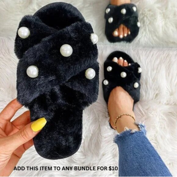 $10 ADD ON ITEM- Black Faux Fur Pearl Slides Fuzzy Cross-Band Slippers Shoes - Picture 1 of 4
